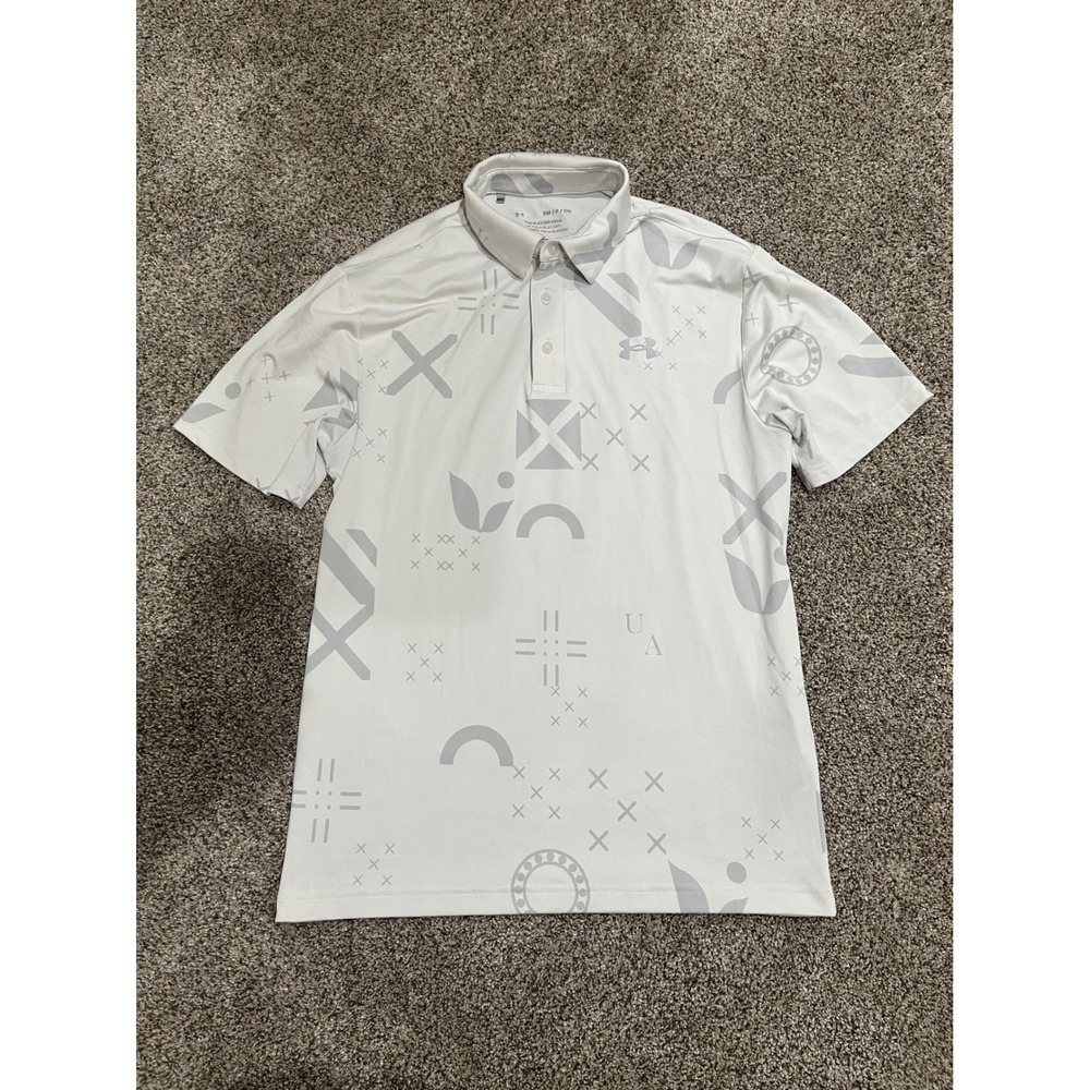Under‎ Armour Mens Playoff Polo Shirt White Grey Geometric Abstract Print Small